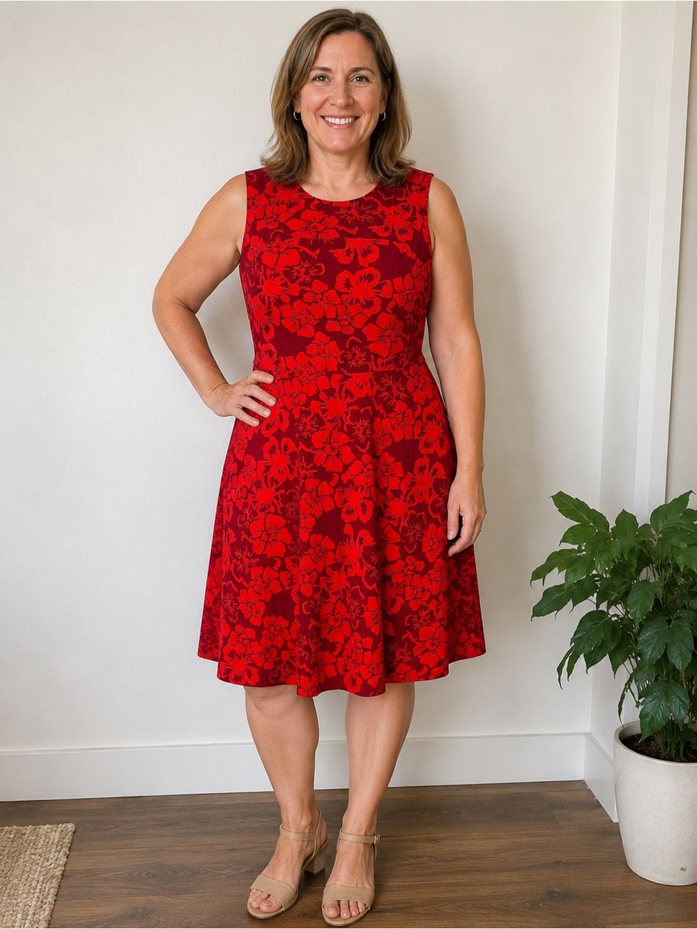 LAND’S END Women’s Size 14 Red Tropical Print Sleeveless Fit & Flare Dress